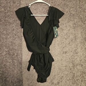 Blooming Jelly Womens Ruffle Sleeve Wrap One Piece Swimsuit Black Size L NWT